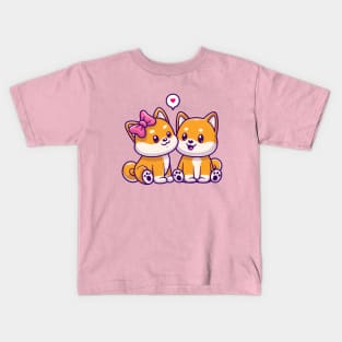 Cute Couple Shiba Inu Dog Sitting Cartoon Kids T-Shirt